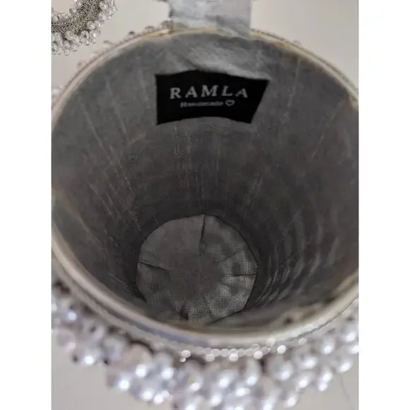 Ramla Cocktail Pearl Handmade Beaded Bag Silver Evening Clutch Purse Handbag - Picture 7 of 9